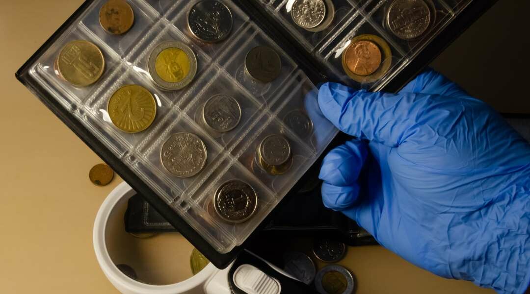 blue gloved hand holding a coin collection